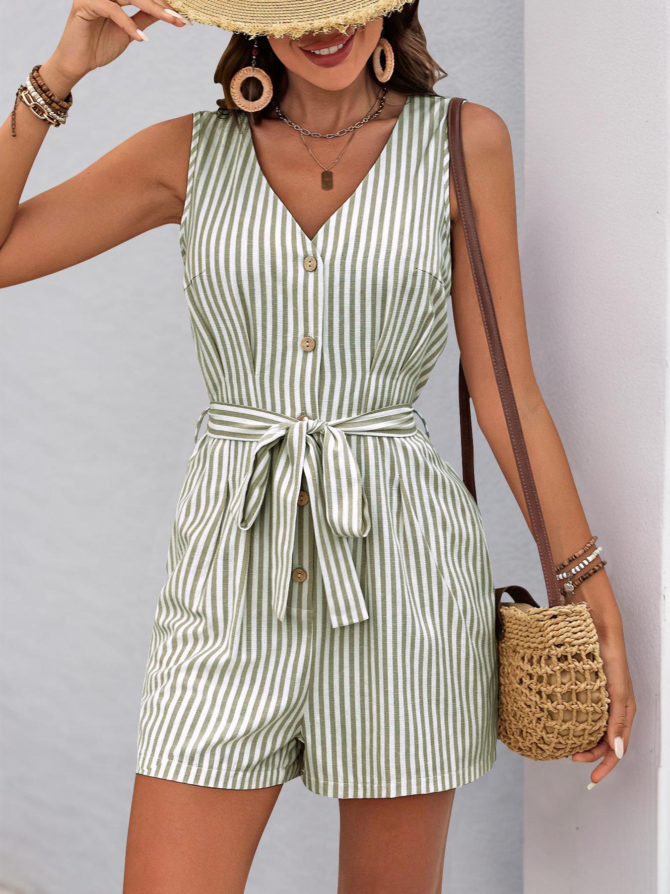 V-neck Sleeveless Striped Jumpsuit Short Pants