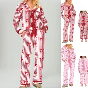 Mommy and Me Matching Pajamas, Bow/Heart Print Tie Front Long Sleeve Tops and Long Pants Set, Family Matching Sleepwear, Ladies Clothes for Daily WearRAIMENTRY