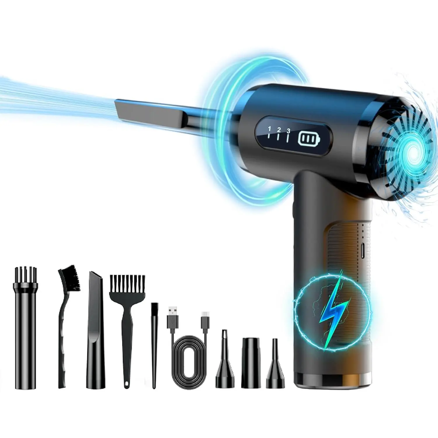 Compressed Air Duster with USB Port, LED Light & Batteries - Multi-Purpose Dust Cleaner for Keyboards, Cameras, Car, Computer, Laptop - Mini Blower for Yoga Ball, Balloon, Air Bed