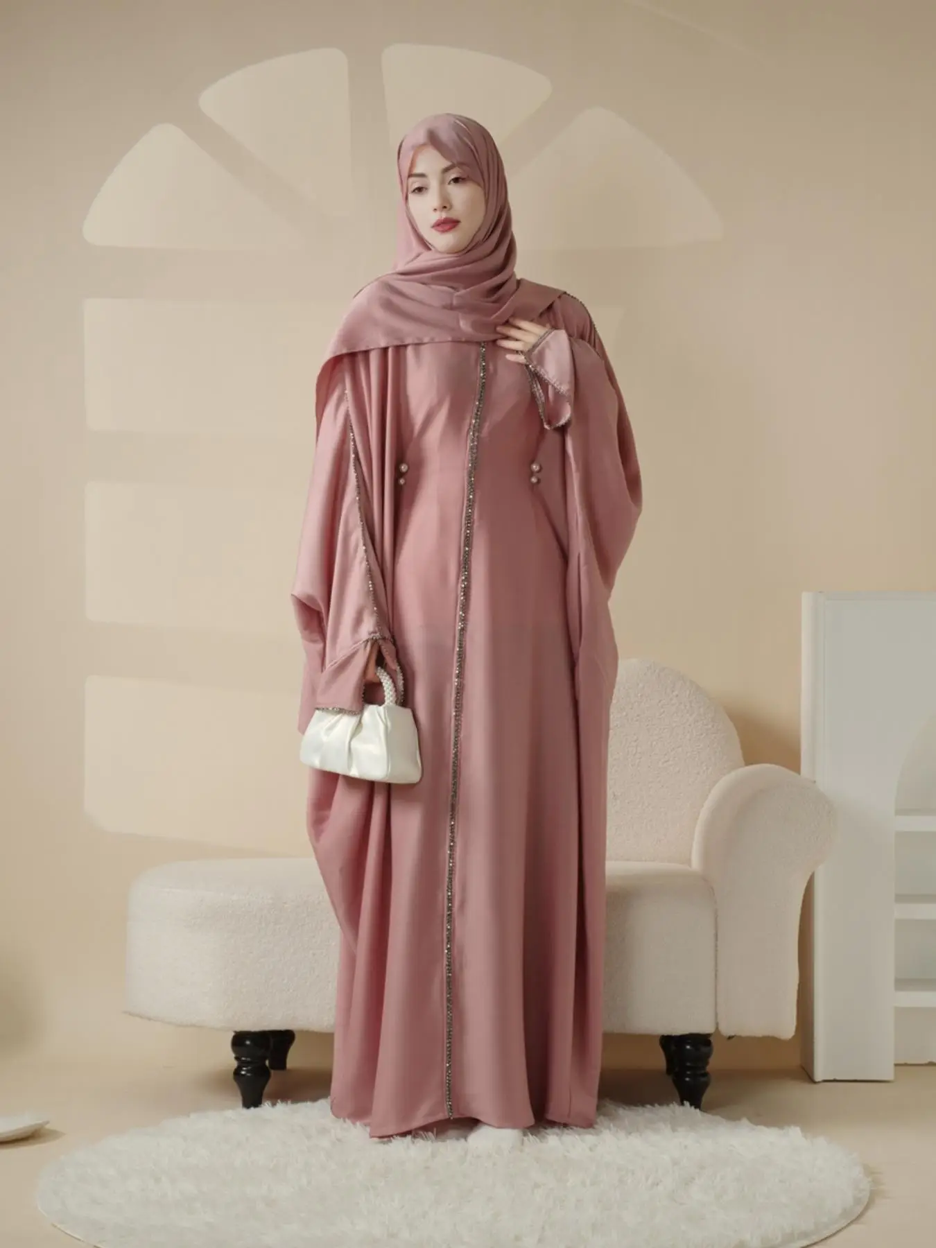 Women's Rhinestone Decor Batwing Sleeve Abaya Dress & Hijabs Two-piece Set, Elegant Long Sleeve Round Neck Maxi Dress & Hijabs Set for Party, Ladies I