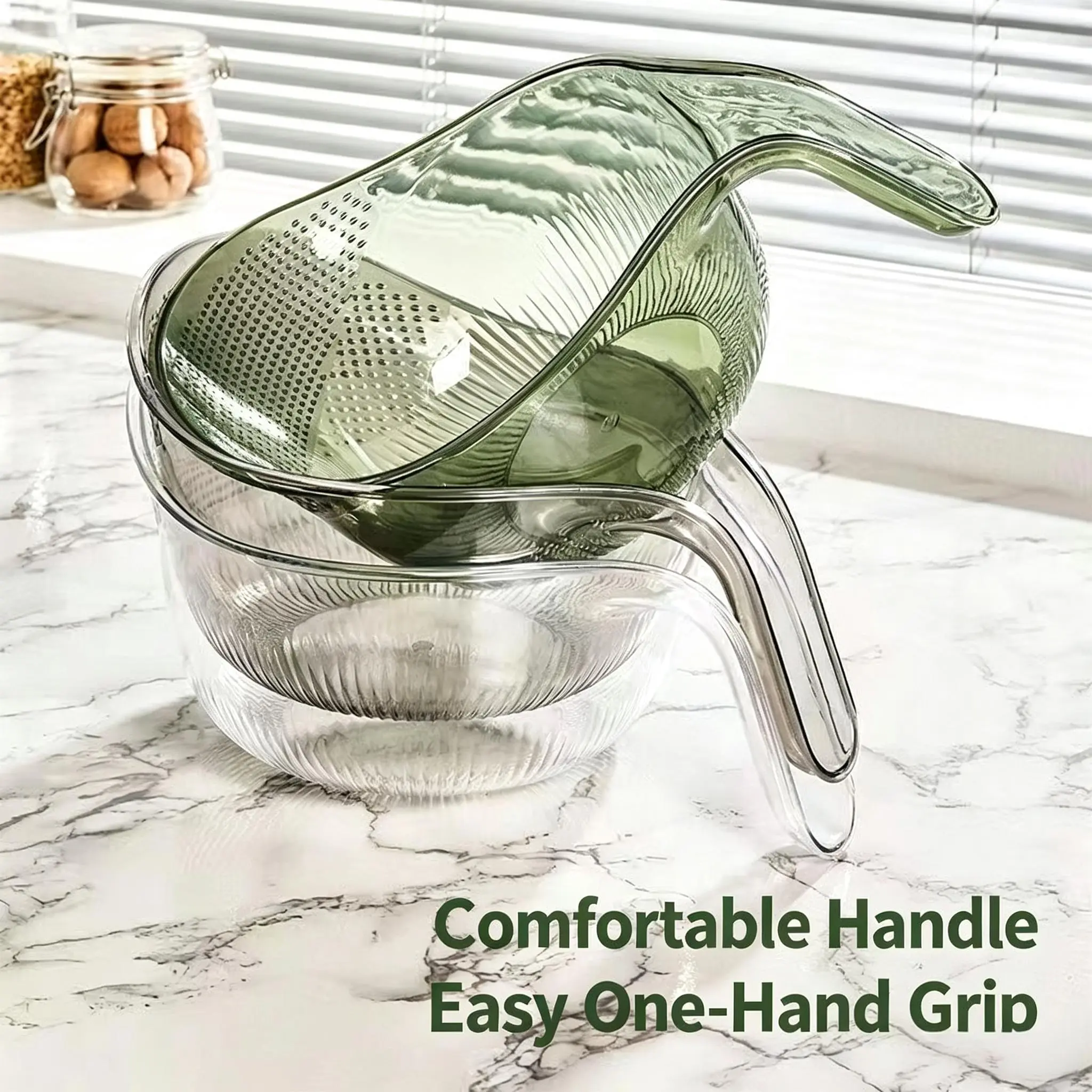 Aesthetic Round Plastic Kitchen Rice Strainer with Handle - BPA-Free Transparent Sturdy Utensil, High Volume Colander with Holes for Draining Vegetables, Coffee Dispensing