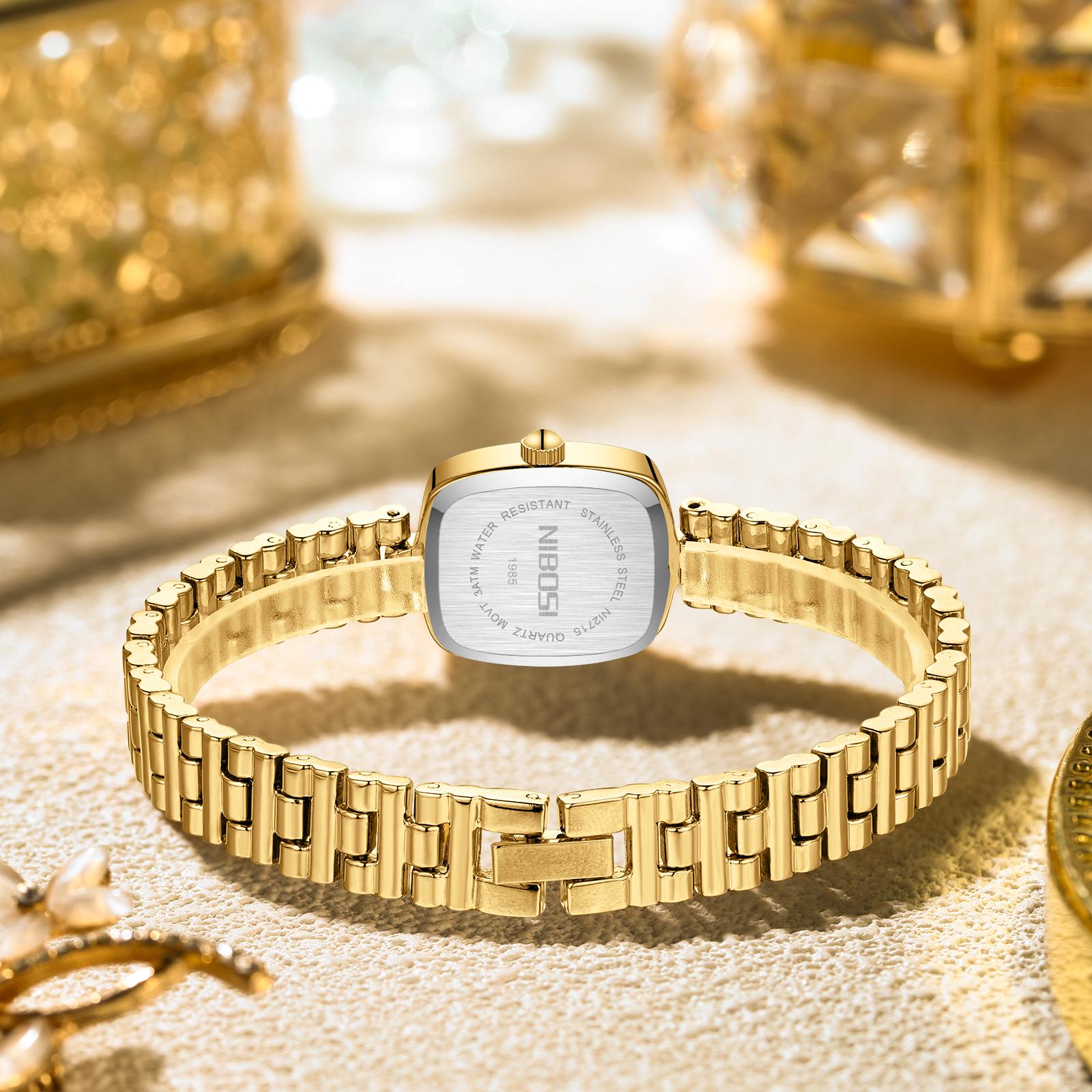 NIBOSI Vintage Bracelet Watches for Women Roman Dial Rectangular Case Gold Watch Waterproof with Tools