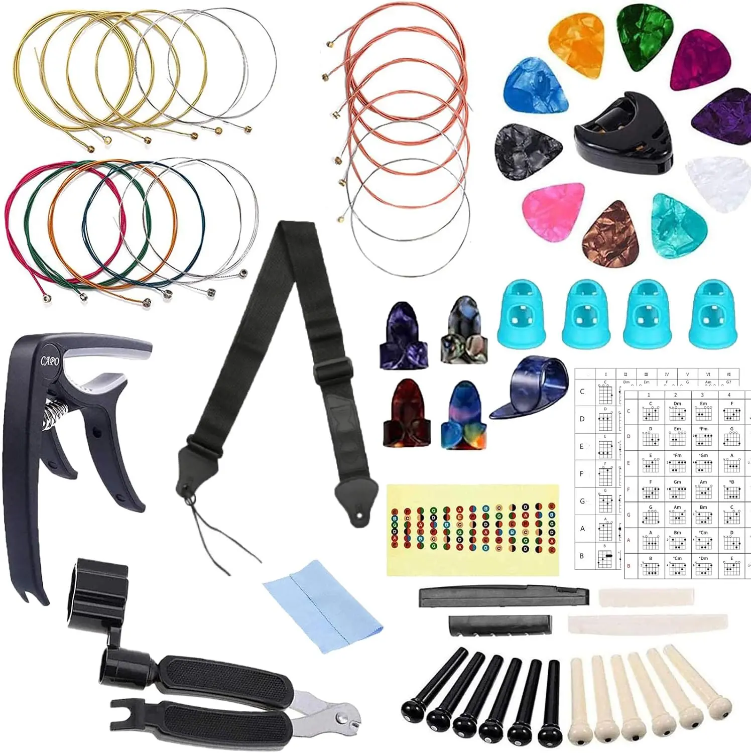 61PCS Complete Guitar Accessories Kit for Beginners – Acoustic Guitar Strings, Digital Tuner, Capo, Strap, Picks, String Winder, Finger Protectors, Bridge Pins, Fretboard Stickers & Repair Tools