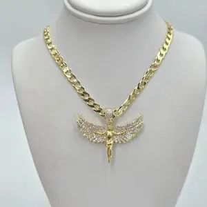angel 20-Inch Cuban Link Chain with Angel Pendant | 14K Gold Plated Necklace with CZ Stones
