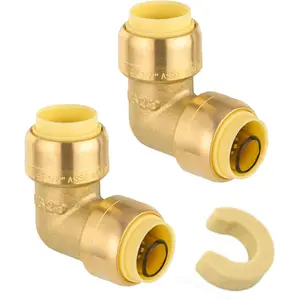 (Pack of 2)  1/2-inch 90-Degree Elbow, Push-Fit Brass Fittings to Connect Copper, PEX, CPVC Pipe with 1/2" Disconnect Clip