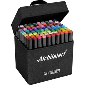 Alchilalart  Alcohol Based Markers Set with Dual Tip Design, Color-Coded Caps, Waterproof Ergonomic Square Penholder & Free Carrying Case