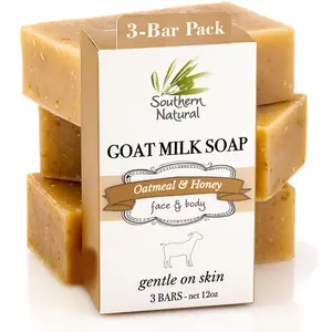 Southern Natural Unscented Oatmeal & Honey Goat Milk Soap – 3 Bar Pack – All Natural Moisturizing Face & Body Wash Cleanser for Dry, Sensitive Skin - Handmade in USA with Olive & Coconut Oil - A Thoughtful Gift for Body Care and Skin Repair