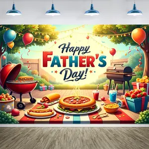 Happy Father'S Day Fabric Backdrop Banner - Vibrant Outdoor BBQ Scene with Colorful Balloons, Sparkling Lights & Gifts, Perfect for Photo Booths & Party Decorations, Festive Yard Decor | Vibrant Design | Glossy Finish Banne