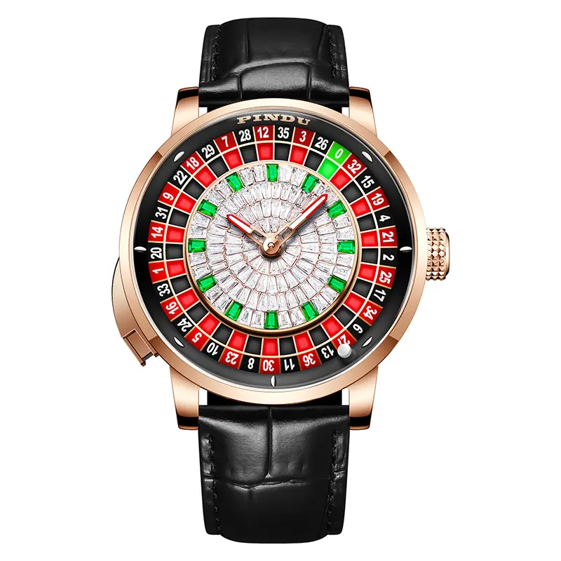 Men's 46mm Unique Rotatable Inlaid Diamond Decorative Dial Automatic Mechanical Watch, NH35A Self-Winding Movement, 50M Waterproof Fold Clasp Leather Strap Vintage Collectible Gentlemen Dress Wrist Watch
