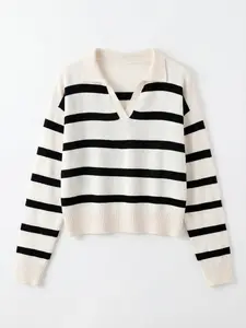 Velina Spring Fall New Polo Neck Half Open Cardigan, Vintage Striped Colorblock Long Sleeve Sweater, Women's Fashion Loose Commuter Graduation Top