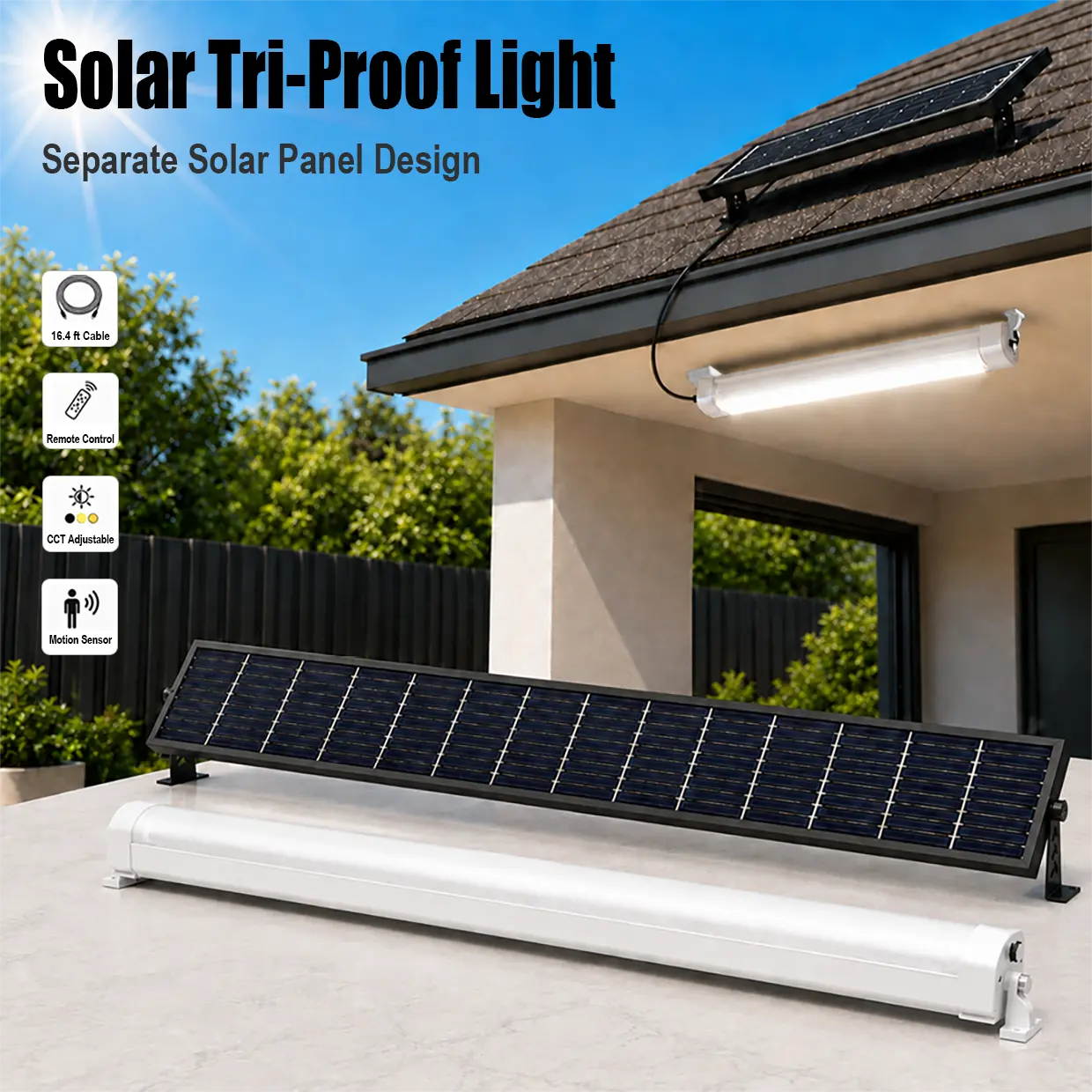 TERDOX 2/4FT Solar LED Vapor Tight Light Shop Shed Solar Powered Tri-proof Waterproof Dustproof Lights Outdoor Flood wall Lights Motion Sensor Dusk to Dawn 3 Modes Dimmer Adjustable Remote  IP65 for Warehouses Factories Workshops Garages parking Patio