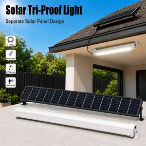 TERDOX 2/4FT Solar LED Vapor Tight Light Shop Shed Solar Powered Tri-proof Waterproof Dustproof Lights Outdoor Flood wall Lights Motion Sensor Dusk to Dawn 3 Modes Dimmer Adjustable Remote  IP65 for Warehouses Factories Workshops Garages parking Patio