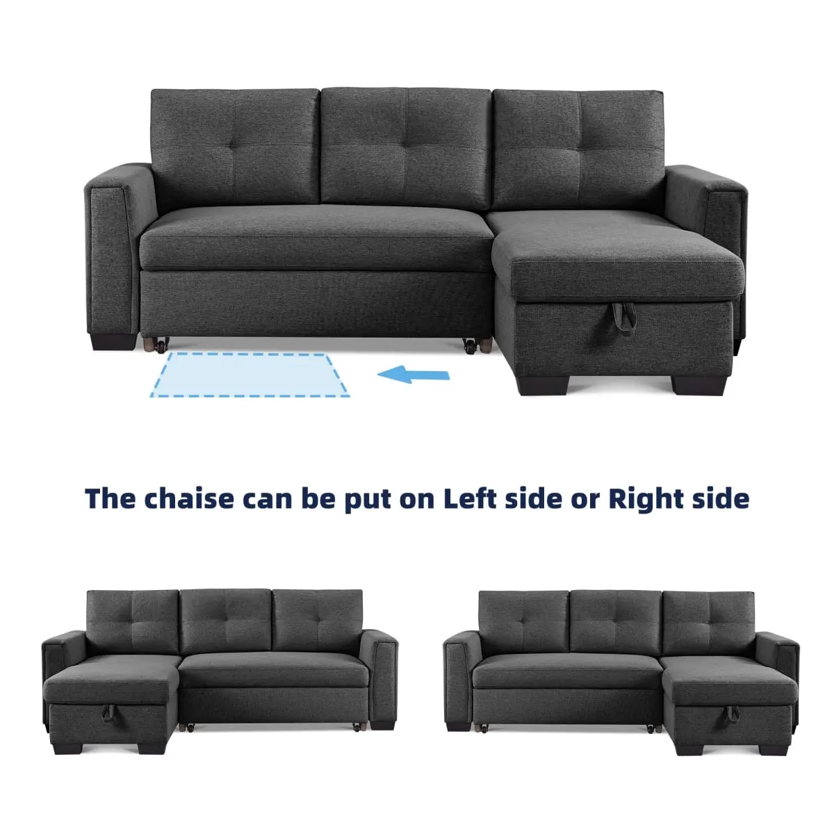 American Furniture Classics SS2791P-DGSS Contemporary Tufted Cushion Futon Convertible Upholstered Sofa Bed Pull-Out Sleeper, Sectional Sofa Couch with Storage Chaise, Reversible Chaise, Dark Gray for Small Home & Office Indoor Furniture