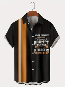 Grumpy Old Man Men'S Vintage Bowling Striped Letter Slogan Print Oversized Button-Up Shirt,