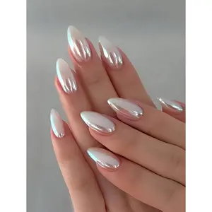 24pcs Vintage Street-Style Minimalist Elegant Daily Classic Pure White Aurora Almond Shaped Nail Stickers Set, Instantly Elevate Your Look, Suitable For Minimalist Girls And Ladies For Everyday Use And Shopping