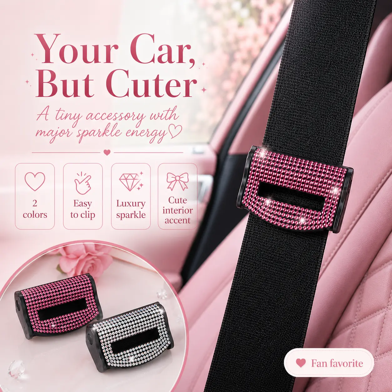 Sparkly Pink Crystal Seat Belt Adjuster Clip, Easy Clip On Rhinestone Seatbelt Stopper, Chic Black Leather Interior Car Accent Decor for Women