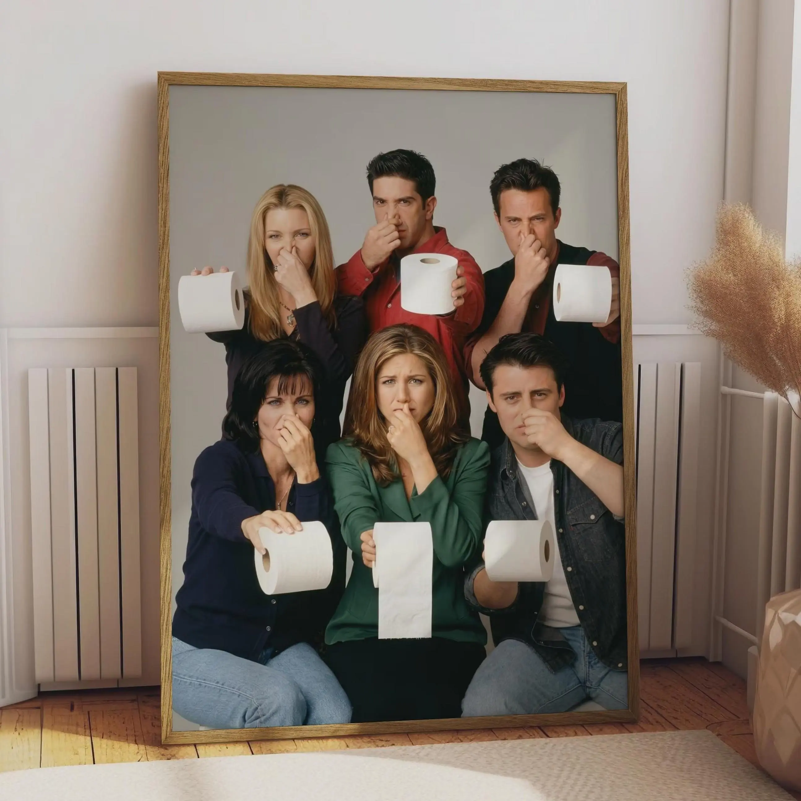 Friends TV Show Cast Printed Paper Poster - Colorful Graphic Artwork, Funny Toilet Roll Design, Comedy Bathroom Wall Decor, Sitcom Fan Mountable Unframed Gift for Guest Bathrooms