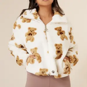 Teddy Bear Print Plush Jacket - fuzzy white oversized teddy bear print fuzzy zip front jacket