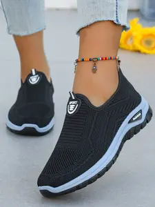 Women's Breathable Sporty Shoes, Soft Sole Lightweight Slip-On Walking Shoes, Low-Top Knitted Casual Sneakers