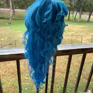 Blue Human Hair Wig with Micro Bangs - Long Wavy Style for Women