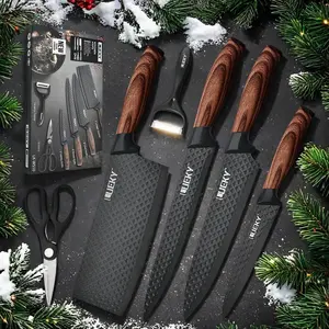6-Piece Kitchen Knife Set with Ergonomic Wood Handles – Stainless Steel Chef Knife, Cleaver, Paring Knife, Kitchen Scissors – Dishwasher Safe, Durable Sharp Blades, Ideal for Cutting Frozen Meat, Boneless Food – Stylish Wooden Knife Block Black