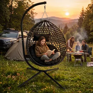 Foldable Hanging Egg Chair with Stand, Oversized Wicker Swing Chair for Indoor Outdoor, Heavy Duty Patio Hammock Chair with Cushion & Headrest, 350LBS Rattan Egg Chair for Bedroom Balcony Garden Adjustable Rattan Hanging Basket Chair