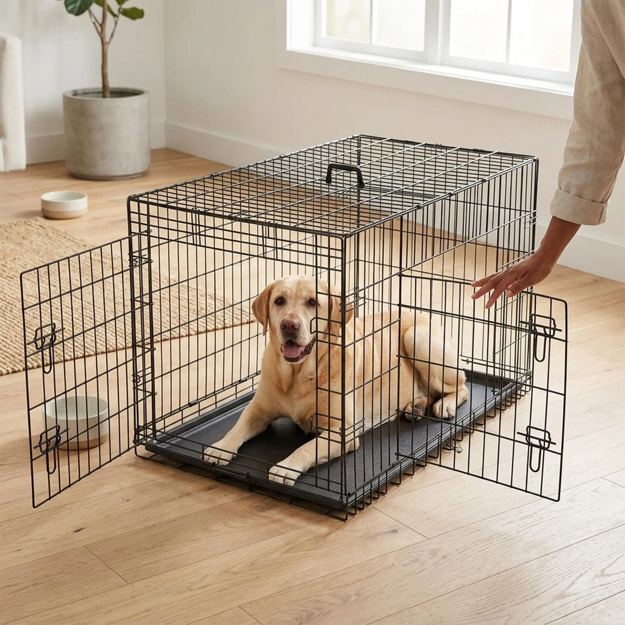 Sweetcrispy 36-Inch Portable Dog Crate - Foldable Metal Wire Kennel with Double Doors, Secure Slide Bolt Locks, Leak-Proof Tray, Ideal for Home & Car Travel