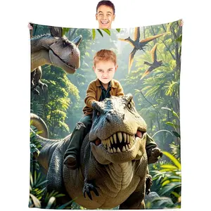Personalized Dinosaur Blanket for Boys Men, Custom Photo Face Dino Throw Blankets with Name, Customized Throw Blanket for  , Dinosaur Gifts for Kids Birthday