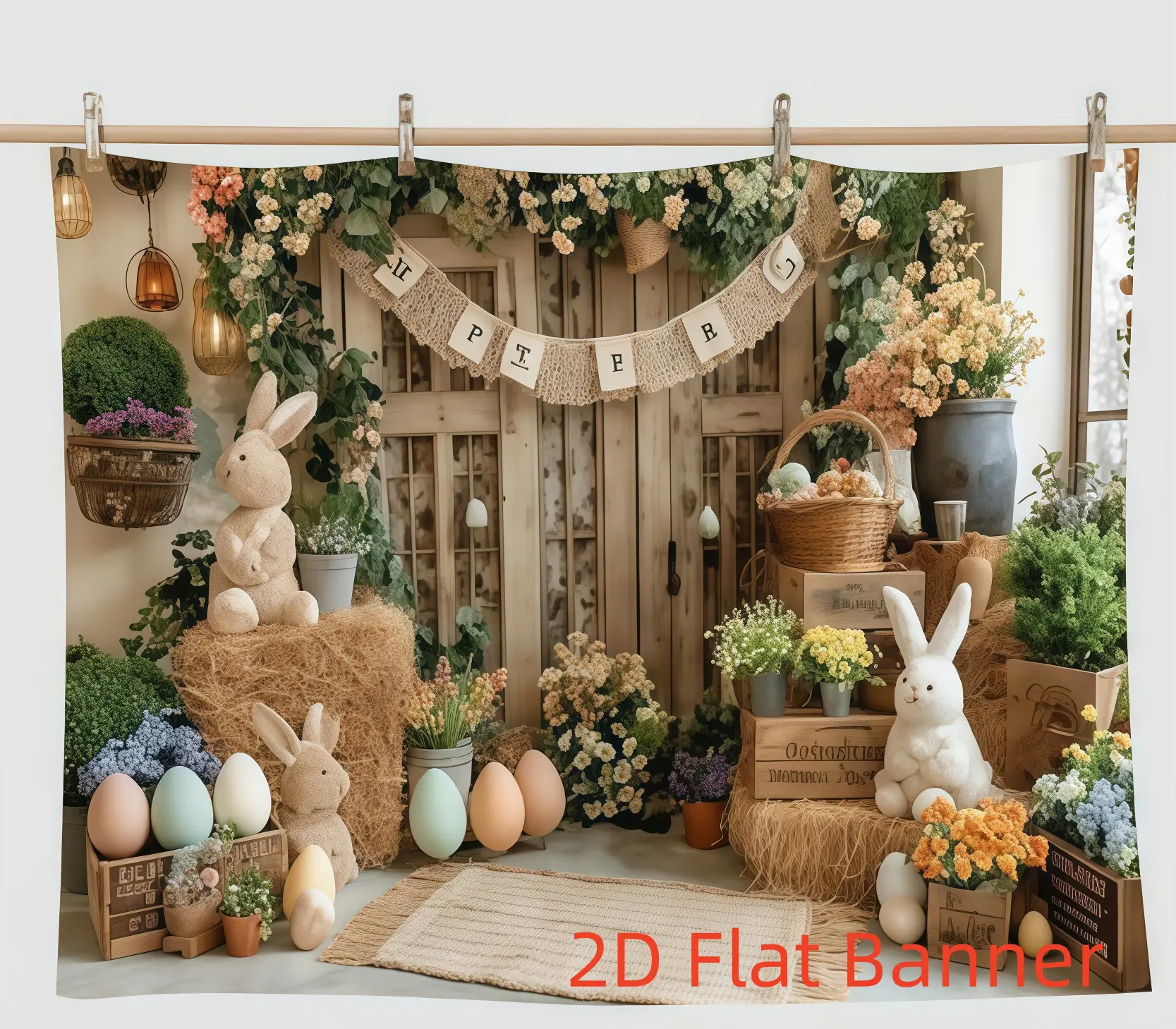 1PC Polyester 2D Flat Easter Wishing Banner - Rabbit Print Backdrop, Reusable Home Festive Decor for Party Photography, Indoor & Outdoor Events