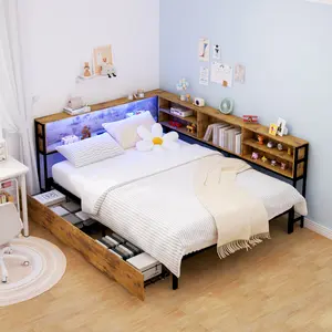 Full Corner Daybed with Storage Bookcase Headboard LED Light & Built-in Charging Station Large Space-Saving Design for Modern Living Easy Assembly Perfect Gift