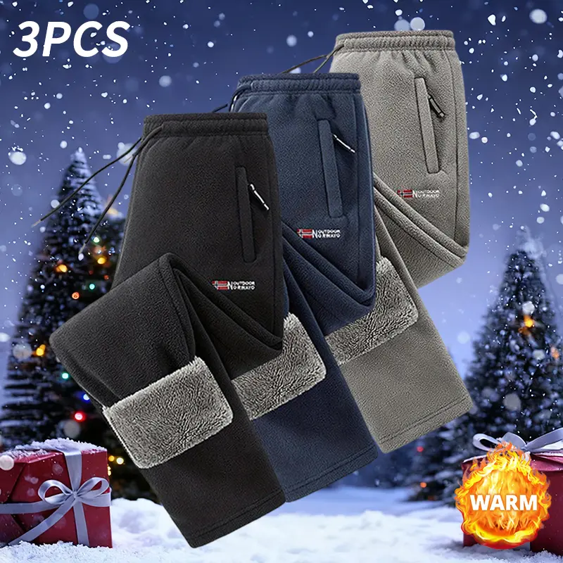Men's fleece lined joggers 3 pack with elastic waistband and zippered pockets thick winter warm up pants suitable for outdoor runs and casual wear, solid color