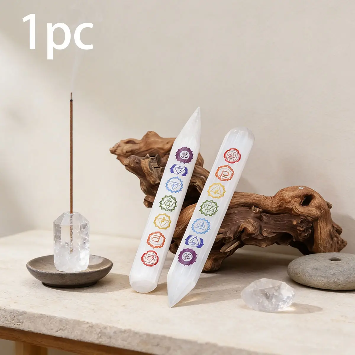 1pc Selenite Crystal Stick with 7 Heart Shapes, Reiki Charged Healing Wand, 7 Chakra Stone for Meditation, Spiritual Purification, Home Healing Gift