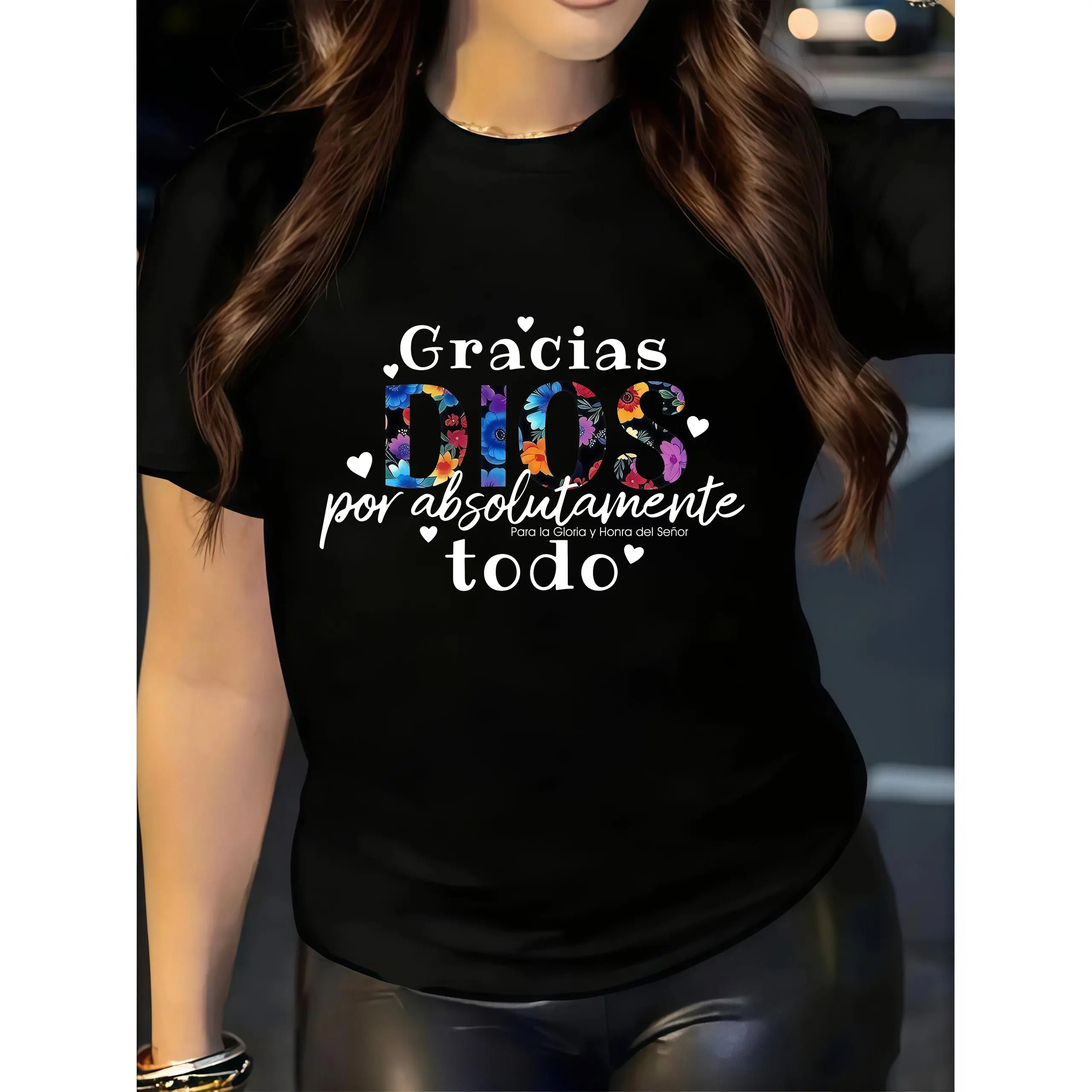 Women's Floral Letter Print T-Shirt| Casual Crew Neck| Short Sleeve| Lightweight & Stretchy| Machine Washable| Multi-Color Design| All-Season Comfort Fit, Everyday Tshirt| Expressive Graphic Tee