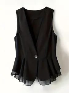 1 Spring Summer Black Peplum Vest Blazer Women | V Neck Sheer Mesh Ruffle Hem | Old Money Quiet Luxury Style for Office Business Casual Daily Wear