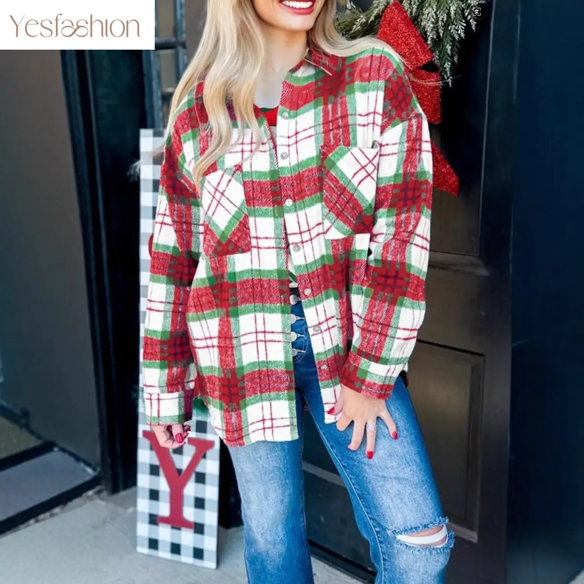 Women's Christmas Plaid Shacket Flannel Button Down Shirt Jacket Oversized Long Sleeve with Chest Pockets Casual Coat Top for Fall Winter Holiday Party Daily Wear-DTY