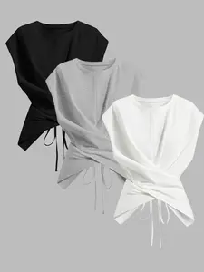 Women's Knitted Round Neck Drop Shoulder Sleeve T-Shirt, Fashion Casual Asymmetrical Ruched Cross Cutout Back Tie Top