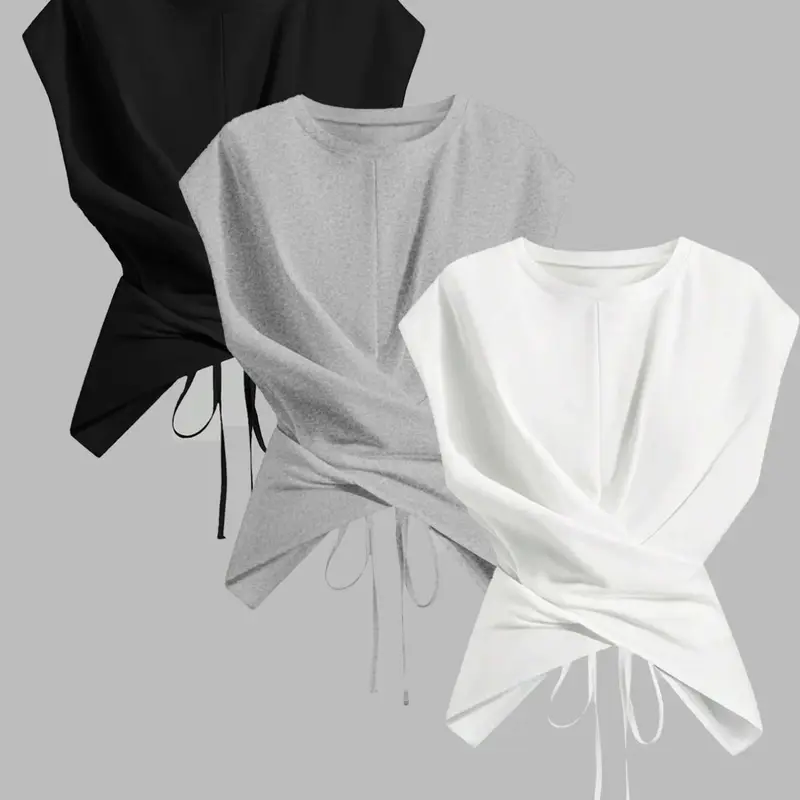 Women's Knitted Round Neck Drop Shoulder Sleeve Fitted T-Shirt, Fashion Casual Everyday Asymmetrical Ruched Cross Cutout Back Tie Top, Womenswear, Plain Chic Basic, Knitwear Tops