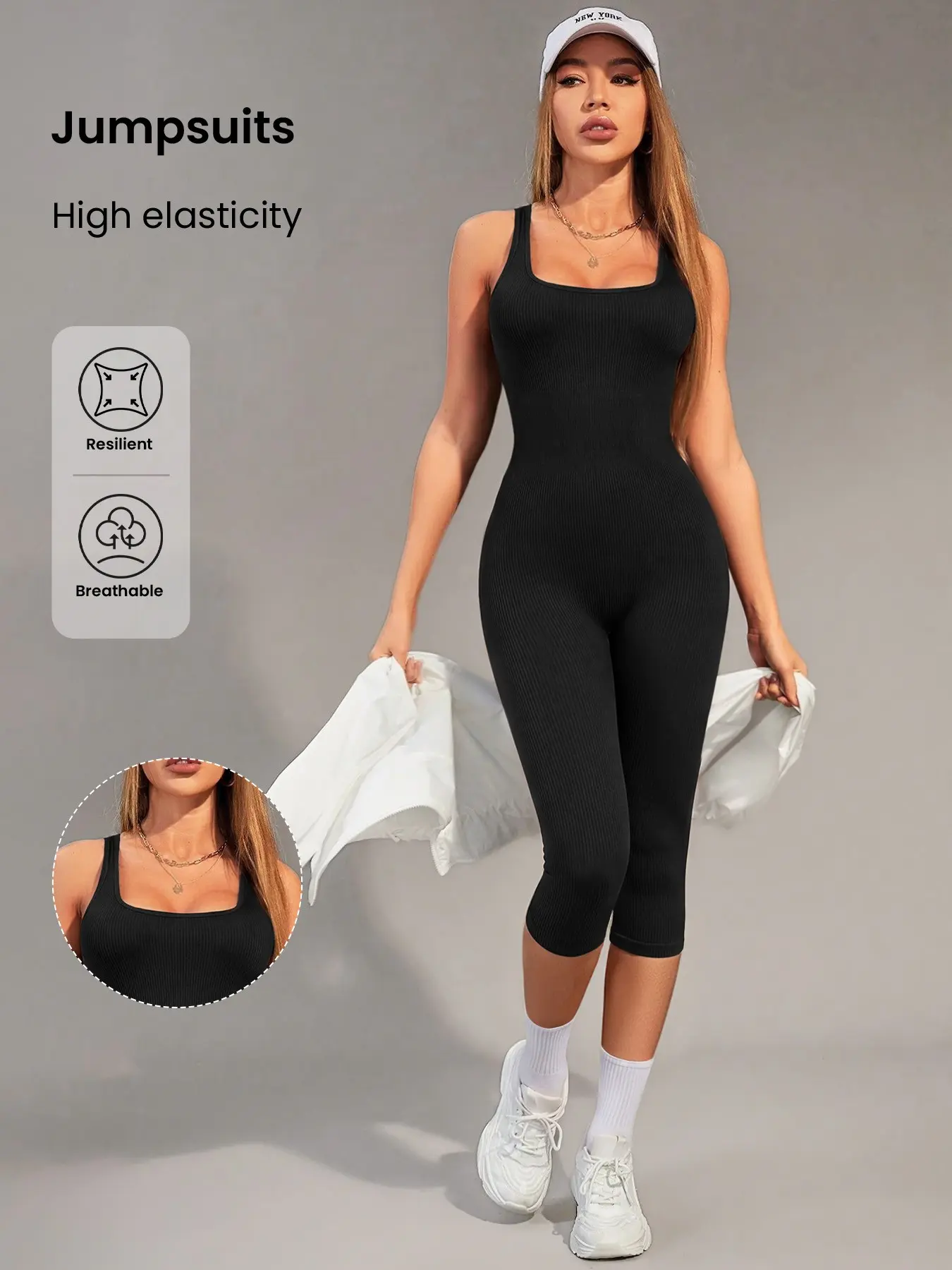 Women's Solid Color Square Neck Seamless Fitness Jumpsuit, High Waist Tummy Control Yoga Pants, Sporty & Casual Wear, Skinny Jumpsuit