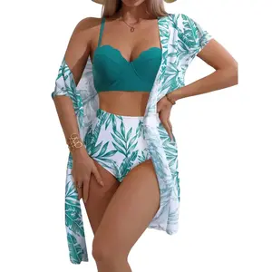 Women's Leaf Print Swimsuit Set, Boho Spaghetti Strap Push Up Swim Bikini Tops & Cover Up & High Waist Panty, Bikini Sets, Boho Style Summer Beach Swimwear Set for Women, Swimsuits Bikinis, High Waisted Bikini Sets, Tropical Print Bikinis