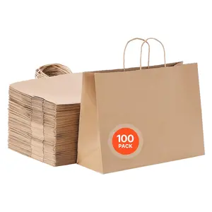 【Summervibes】VEVOR Kraft Paper Bags with Handles,  , 100Pcs 16 x 6 x 12 in, Large Paper Grocery Bags, Reusable & Recycled Take-Out Sacks, Plain Party Bag Bulk for Birthday, Wedding, Business, Goody, Brown