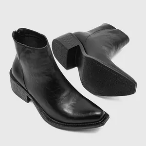 Men's Black Vintage Leather Pointed Toe Ankle Boots, Side Zipper Thick Heel Dress Shoes Boots, Fashionable Gothic Style Casual Daily and Party Wear Shoes