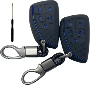 Silicone Rubber Key Fob Cover Compatible with 2026-2022 Chevy Chevrolet Silverado 1500 GMC Sierra 1500, 2026-2024 Silverado Sierra 2500HD 3500HD (2pcs Black/Blue+Key Chain)
