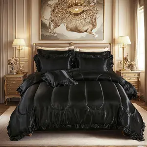 Comforter Set with Sheet Set Queen 8 Pieces Silk Like Black Bedding Ruffle Pattern Luxury Comforter Set with 1 Cushion Cover