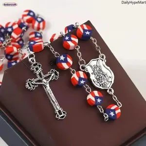 Puerto Rico Flag Beaded Cross Necklace, Christian Faith Cultural Jewelry