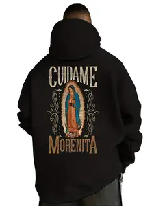 Men's Heavy-Duty  Sweatshirt with Our Lady of Guadalupe Religious Icon - Spanish "Cuidame Morenita" Mexican Cultural Clothing, Brown/Golden/Black/Whit
