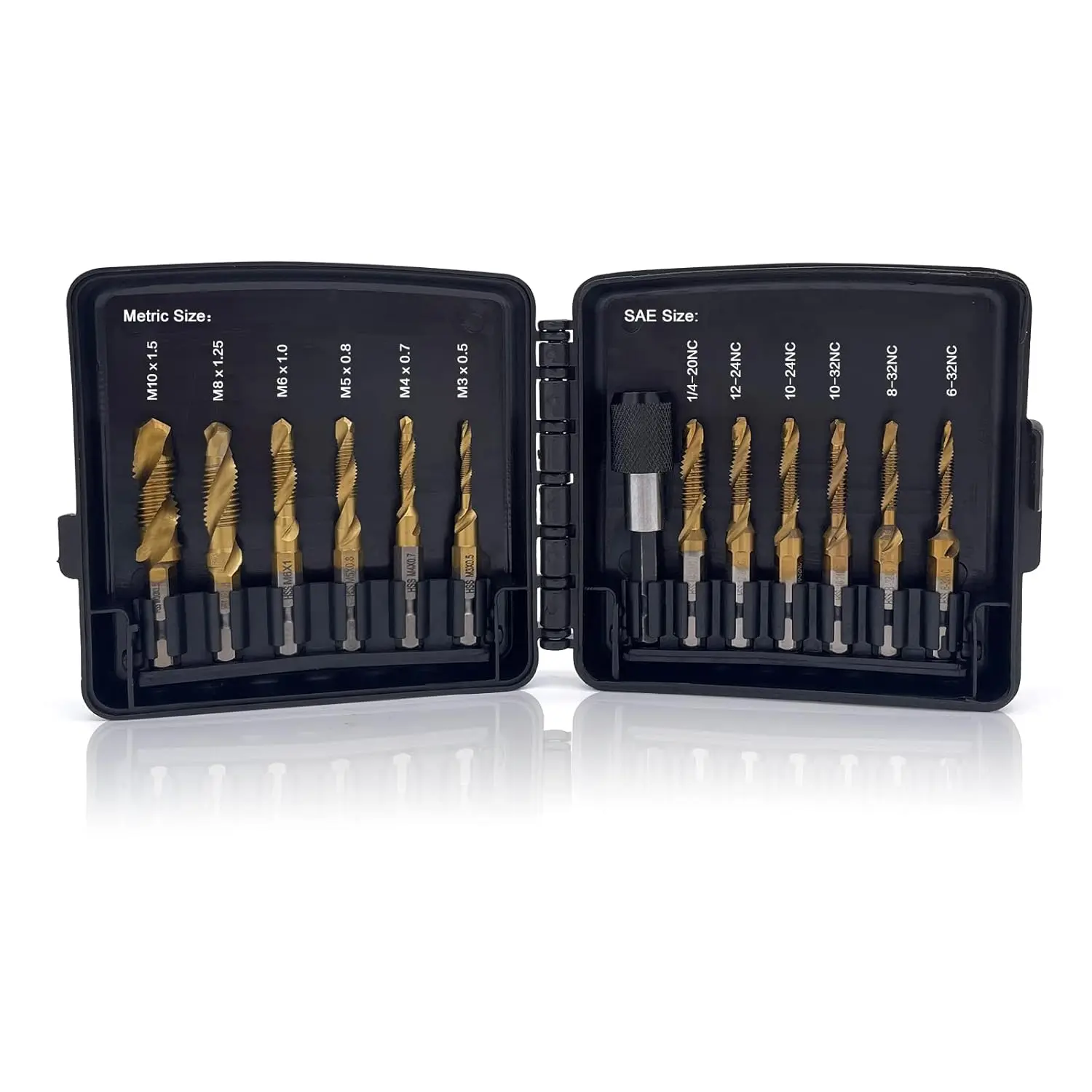Combination Drill & Tap Bit Set, 6 count SAE (6-32NC ~ 1/4-20NC) and 6 count Metric (M3 ~ M10) Titanium Coated Drill Bits Kit for Drilling Screw Threads Tapping Countersinking, with Quick Change Adapter