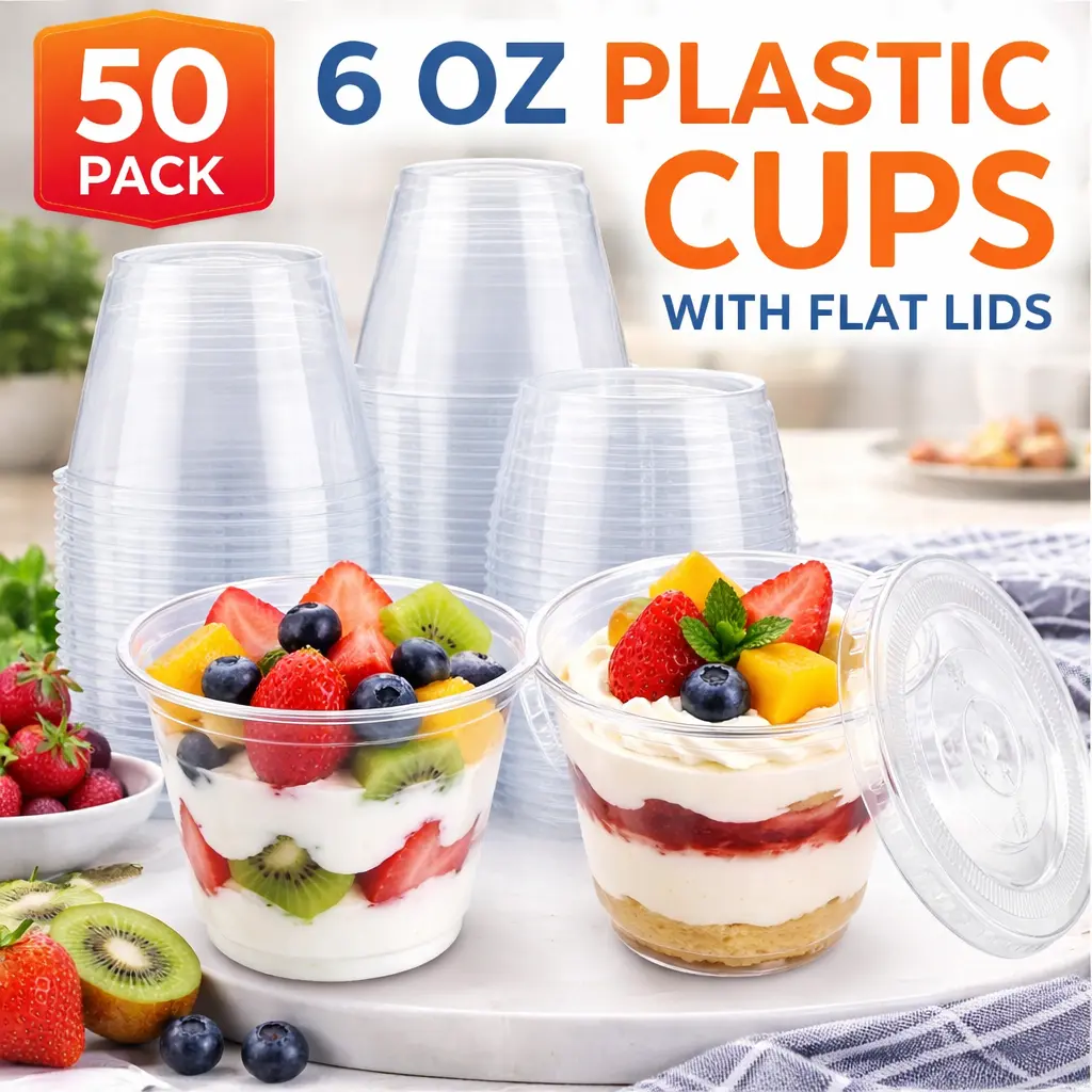 50-Pack 6 Oz Clear Plastic Dessert Cups with No-Hole Flat Lids - Leakproof Disposable Kitchenware Containers for Fruit, Ice Cream, Cold Drinks