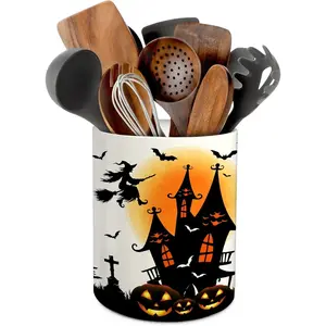 Halloween Kitchen Decor Ceramic Utensil Holder, Cute Halloween Witch Castle Utensils Crock, Ceramic Utensils Holder for Rustic Farmhouse Indoor Kitchen Decorations(6.3 Inches)