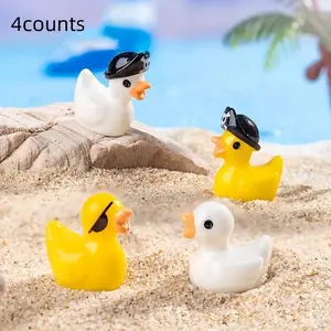 4 Piece Mini Pirate Duck Statues - Doll Figurines, Cute Resin DIY Decor, Home Decor Accessory, for Beach Theme Display, and with Pirate Hats, Ideal for Creative Micro Landscapes