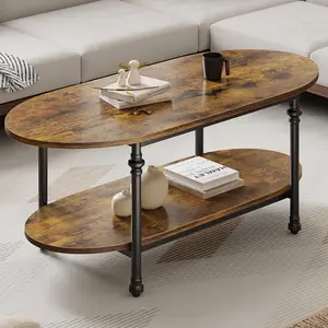 Oval Coffee Table, 2 Tier Center Table with Open Storage, Modern Industrial Tea Table, Wooden Cocktail Table with Metal Frame for Living Room, Farmhouse Console Table